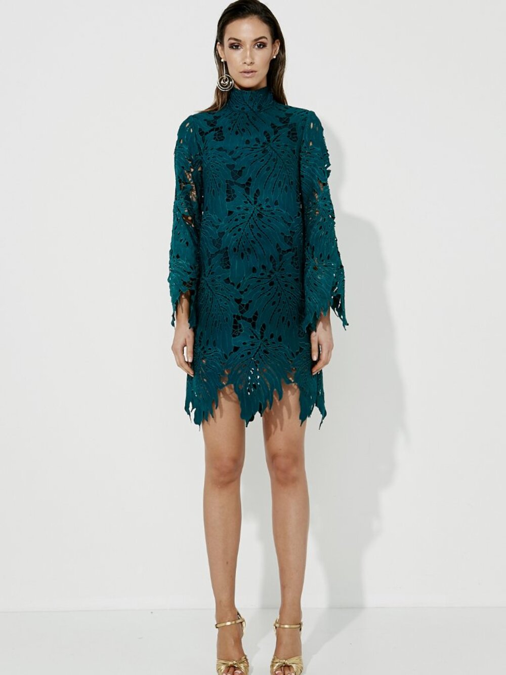 MOSSMAN Rose Garden Laser Cut Midi Long Sleeve Dress Green Size US 2